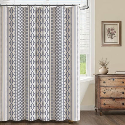 Navy Blue Boho Linen Shower Curtain,72" W x 72" L