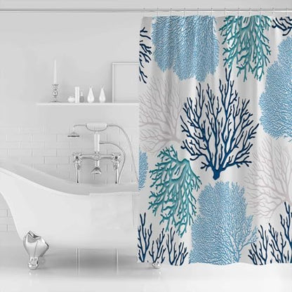Shower Curtain Bathroom Set Classic Sea Blue Coral Waterproof Shower Curtains with Grommets Hooks Abstract Marine Life Scenery Privacy Bath Curtain for Bathtub Decor 48x72in