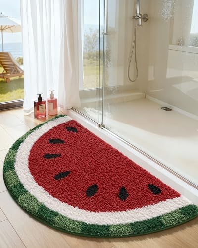 DEXI Cute Watermelon Bath Mat, Half Round Fruit Bathroom Rugs 43x24
