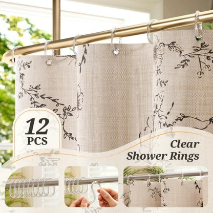 Vintage Black Floral Shower Curtain with 12 Clear Rings - 72" W x 84" L