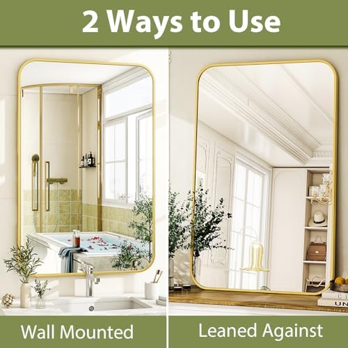 Easly 30 x 40 Inch Bathroom Mirror, Rounded Rectangular Vanity Mirror for Wall, Modern Mirror for Room Decor, Gold Framed Wall-Mounted Mirrors for Home Decor, Hangs Horizontally or Vertically