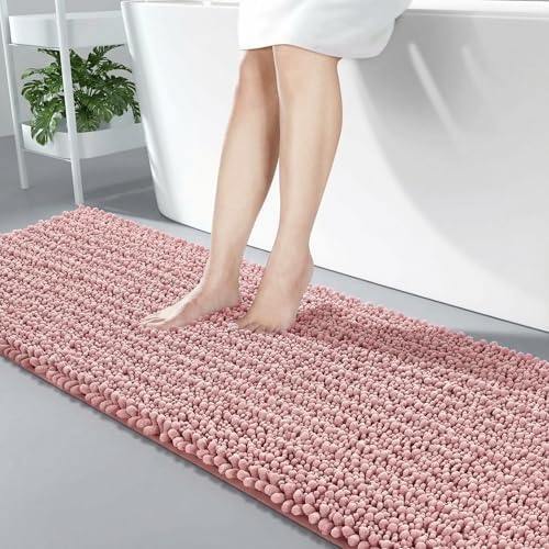Disolla Pink Bathroom Runner Rug 24x55 Inch - Long Chenille Bath Mat, Extra Soft Shaggy Plush Absorbent Runner, Non-Slip Washable Rug for Tub, Bedside and Kitchen