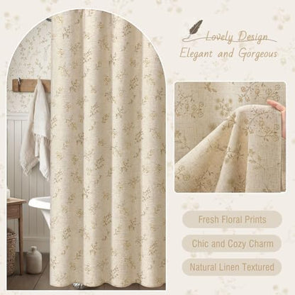 Beige Floral Farmhouse Vintage Linen Shower Curtain French Country 72Wx84H