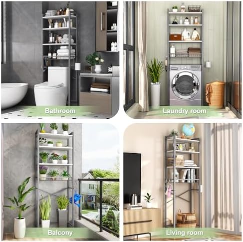 Kalrin Over-The-Toilet Storage Rack, 4-Tier Bathroom Organizer Shelf Over Toilet with Adjustable Shelf and Basket, Freestanding Space Saver Bathroom Shelves Above Toilet for Room (Gray- White)