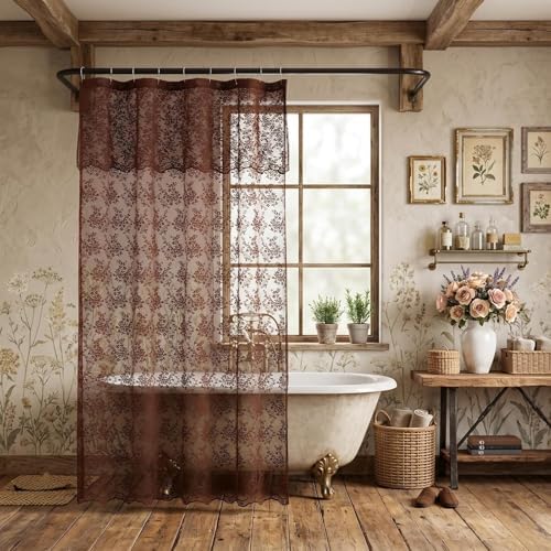Chocolate Brown Shower Curtain, 72x84, Vintage Lace with Attached Valance
