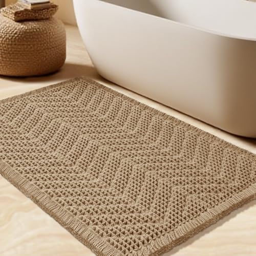 Upgrade Waffle Bath Mat, Boho Bathroom Rugs Absorbent Non Slip, Ultra Soft Bathroom Mat, Machine Washable Knit Bath Rugs with Herringbones for Bathroom, Bedroom, Kitchen, Shower, Tub,32"x20", Beige
