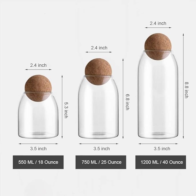 MOLFUJ 550ML/18Oz Glass Storage Container with Ball Cork, Cute Decorative Organizer Bottle Canister Jar with Air Tight Wood Lid for Food, Coffee, Candy, Bathroom Apothecary Cotton Swab Qtip Holder