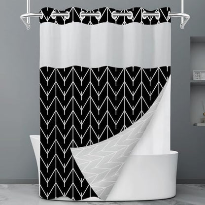 LXBNI Black White Herringbone No Hook Shower Curtain with Liner, 71 x 74