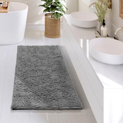 Hearth & Harbor Bathroom Rugs, Chenille Bath Mat - Machine Washable Bath Mats for Bathroom Non-Slip Backing Rubber, Quick Dry Bathroom Mat, 24 x 36 - Frost Grey
