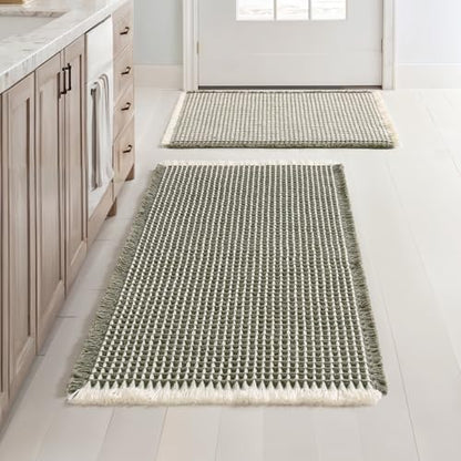 MIULEE Set of 2 Waffle Bathroom Rugs Green&Cream Bath Mat 17"x24"+18"x30"