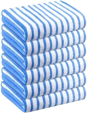 JML Microfiber Beach Towels, 6 Pack, 30" x 60", Stripe Blue and White