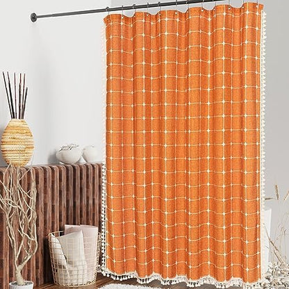 Boho Farmhouse Classic Plaid Linen Tassel Shower Curtain Orange,72x84