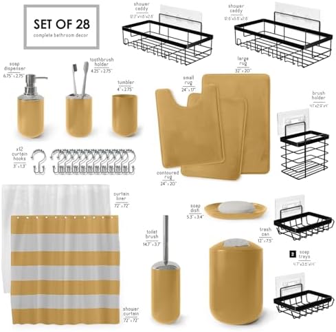 Clara Clark Bathroom Accessories Set - 28PC Bathroom Set with Adhesive Corner Shower Caddy Hanging, Bathroom Sets with Shower Curtain and Rugs, Gold Shower Curtain Set with Bathroom Trash Can