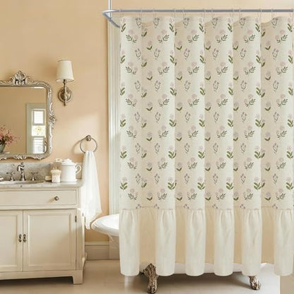 ORTIGIA Linen Textured Ruffle Shower Curtain 72x72 Inch with Metal Hooks, Vintage Pink Floral Flowers Block Print Boho Waterproof Bath Curtain for Rustic Farmhouse Bathroom Decor