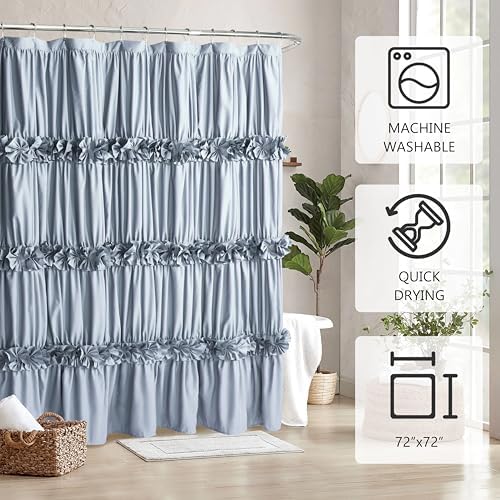 Homechoice Decor Fog Blue Ruffle Shower Curtain, Vintage Handcrafted Bow Tie Bath Curtain for Master Bathroom, Ruched Microfiber Bathroom Curtain with 12 Buttonholes, 72" W x 72" H (LQ-10)