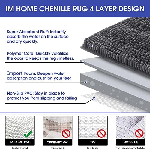 ACCUMTEK Striped Grey Bathroom Rug Mat 59"x20" Ultra Soft, Non Slip Chenille Bath Rugs, Absorbent Plush Shaggy Bath Mats for Bathroom, Bedroom, Kitchen, Shower, Tub,Dark Gray, Charcoal