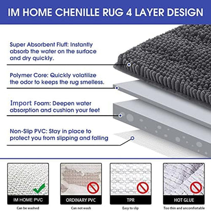 ACCUMTEK Striped Grey Bathroom Rug Mat 59"x24" Ultra Soft, Non Slip Chenille Bath Rugs, Absorbent Plush Shaggy Bath Mats for Bathroom, Bedroom, Kitchen, Shower, Tub,Dark Gray, Charcoal