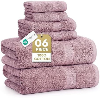 LANE LINEN Large Bath Towel Set Absorbent Quick Dry 6 Piece - Wishful Mauve