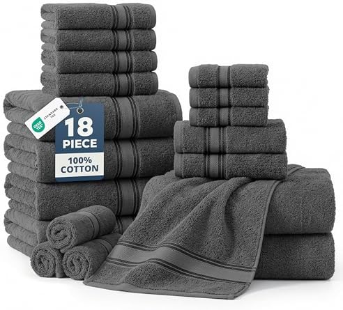 LANE LINEN Bath Towel Set 100% Cotton 18 Piece Soft Absorbent - Grey