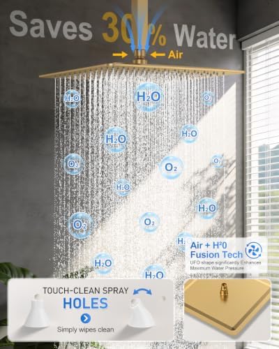 Woindo 4 Function Shower Faucet Set 12" Rain Shower Head/6'' Side Shower Head and 3 Setting Handheld Ceiling Mount Push Button Diverter Complete Rainfall Round Shower System Included Valve Trim Kit