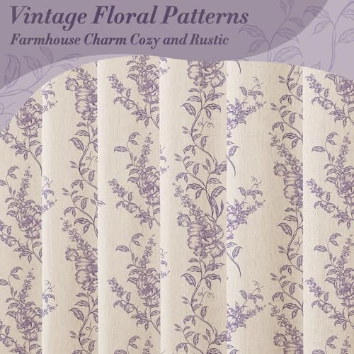 Purple Linen Farmhouse Shower Curtain, Boho Floral Bathroom 36x72