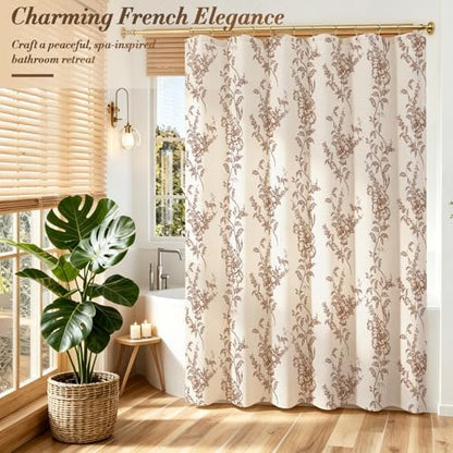 Brown Linen Farmhouse Shower Curtain, Boho Floral Bathroom 72x84