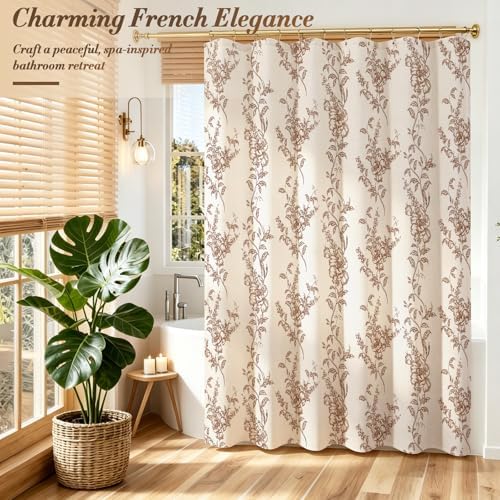 Brown Linen Farmhouse Shower Curtain, Boho Floral Bathroom 72x78