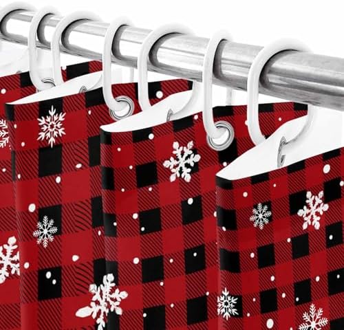 Christmas Snowman Shower Curtain Bathroom Set Red Black Buffalo Plaid Waterproof Shower Curtains with Grommets Hooks Xmas Snowflakes Privacy Bath Curtain for Bathtub Decor 72x72in