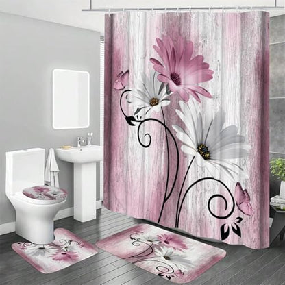 Onalasyc 4PCS Pink Daisy Floral Bathroom Sets with Shower Curtain and Rugs