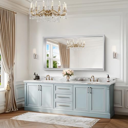 30x55 Silver Bathroom Mirror, Brushed Silver Rectangular Mirror for Wall, 0.6" Thickened Deep Frame Mirrors for Bathroom Sink, Shatterproof Tempered Glass, Antirust, Horizontally or Vertically
