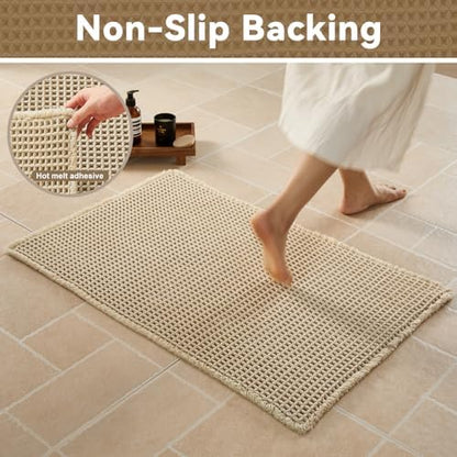 Triohero Waffle Bath Mat, Boho Bathroom Rugs Non Slip, 24x36 Pale Beige