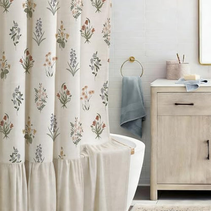 ORTIGIA Linen Textured Ruffle Shower Curtain with Metal Hooks, Vintage Boho Farmhouse Floral Linen Cottagecore Shower Curtain Bathroom Waterproof 72x72 Inch