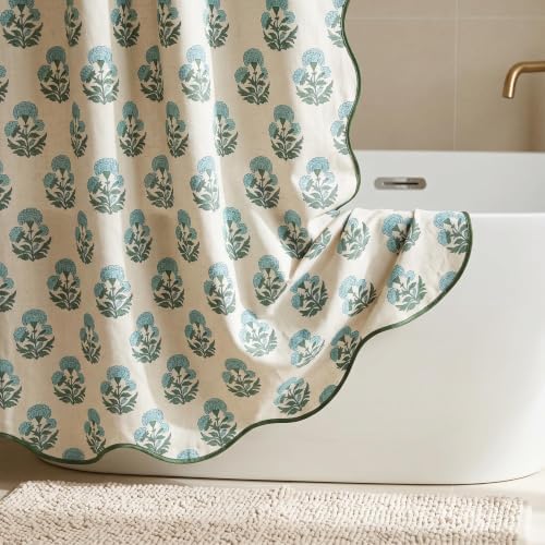 Boomkin Block Print Scalloped Shower Curtain Set with 12 Hooks
