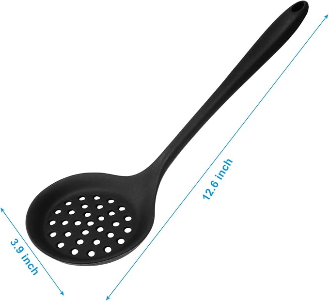 Hordion 1 Pcs Silicone Slotted Spoon, Black Strainer Spoon Non Stick Silicone Skimmer Heat Resistant Cooking Spoon