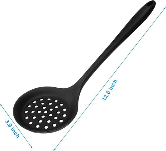 Hordion 1 Pcs Silicone Slotted Spoon, Black Strainer Spoon Non Stick Silicone Skimmer Heat Resistant Cooking Spoon