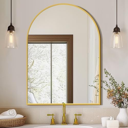 FICTOR 30" x 40" Arched Bathroom Vanity Mirror for Over Sink, Gold