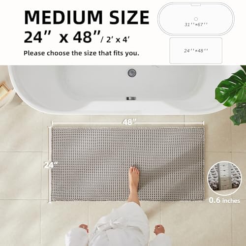 TYUU Waffle Bath Mat, Boho Bathroom Rugs Non Slip, 48x24 Light Grey