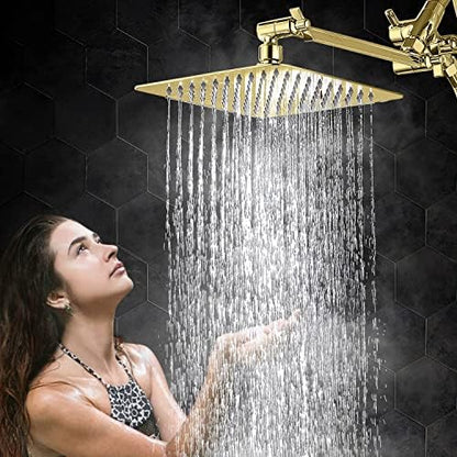 G-Promise All Metal 10" Dual Square Shower Head Combo | Rain Shower Head | Handheld Shower Wand | Adjustable | 3-Way Diverter | 71" Extra Long Hose - A Bathroom Upgrade (Polished Brass)