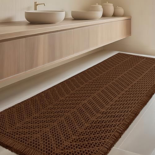 Extra Large Waffle Bath Mat, Boho Woven Modern Bath Rug Absorbent Non Slip, Ultra Soft Bathroom Mats, Machine Washable Knit Bath Rugs with Herringbones for Bathroom, Bedroom,Kitchen,Tub, 5'x2', Brown