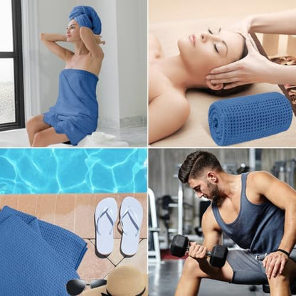 HOMEXCEL Waffle Bath Towels Set of 4 Pack, Waffle Towels for Bathroom, Blue