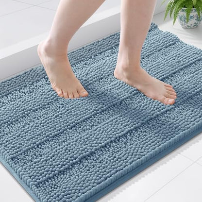 Grandaily Chenille Striped Bathroom Rugs 44x24, Extra Thick and Soft Absorbent Bath Mats, Rubber Backing, Plush Shaggy Shower Carpet, Machine Wash Dry, Bath Rug for Bathroom, Airy Blue