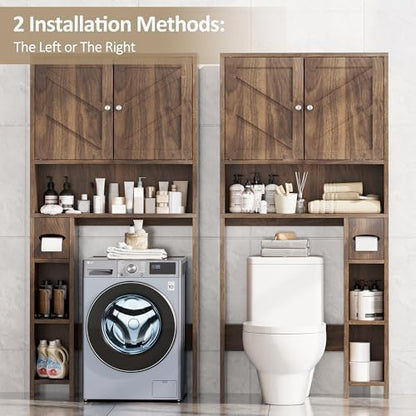 Over Toilet Storage Cabinet with Toilet Paper Holder Stand, Freestanding Bathroom Storage Cabinet, Rustic Farmhouse Bathroom Organizer with Adjustable Shelf & Anti-Tipping, Walnut