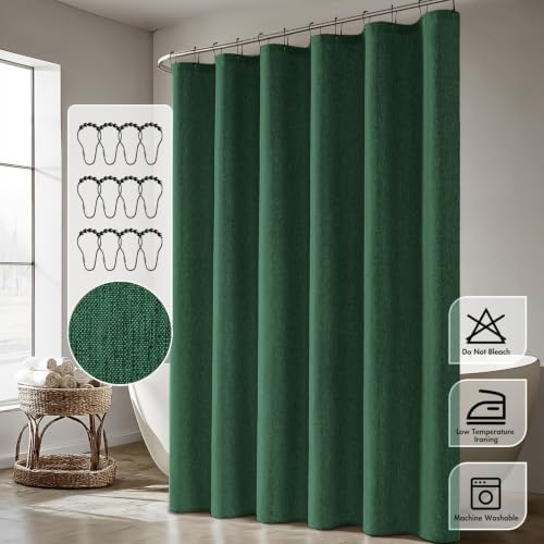 ANRODUO Dark Green Linen Textured Fabric Shower Curtain Set - W72xL84
