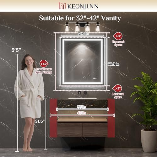 Keonjinn 32 x 36 Inch LED Bathroom Mirror with Lights, Frontlit & Backlit