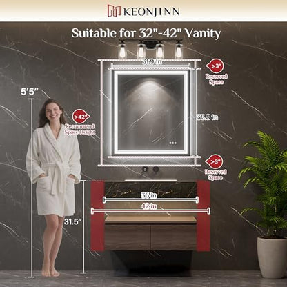 Keonjinn 32 x 36 Inch LED Bathroom Mirror with Lights, Frontlit & Backlit
