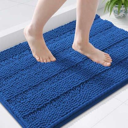 Grandaily Chenille Striped Bathroom Rugs 36x24, Extra Thick and Soft Absorbent Bath Mats, Rubber Backing, Plush Shaggy Shower Carpet, Machine Wash Dry, Bath Rug for Bathroom, Deep Navy Blue
