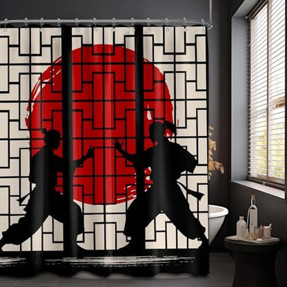 Japanese Shower Curtain Japan Anime Asian Black and Red Shower Curtains for Manly Bathroom Decor Sets, Waterproof Cloth Fabric with Hooks, 36 x 72 Inch