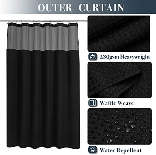 N&Y HOME Waffle Weave Shower Curtain with Snap-in Liner Set Black, 71x72