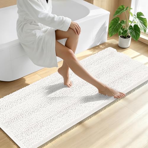 Smiry Thick Chenille Bathroom Runner Rugs 47x20, Absorbent Bath Mat, Ivory