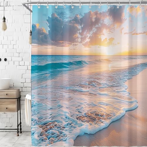 Extra Long Ocean Beach Coastal Seaside Nautical Shower Curtain for Bathroom 72W*84H Inch Summer Sunset Seacoast Beachy Waves Seascape Nature Cool Bathtub Decor Waterproof Polyester Fabric Set